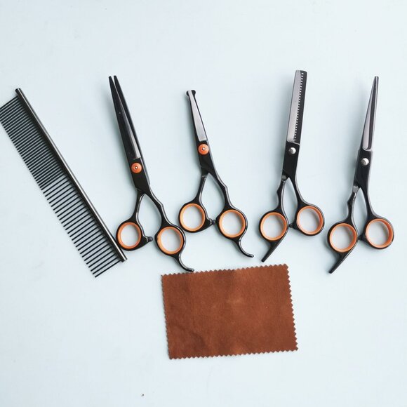 Pet Grooming Scissors Set Round Tip Straight Curved Thinning Shears Comb Kit - Picture 1 of 8